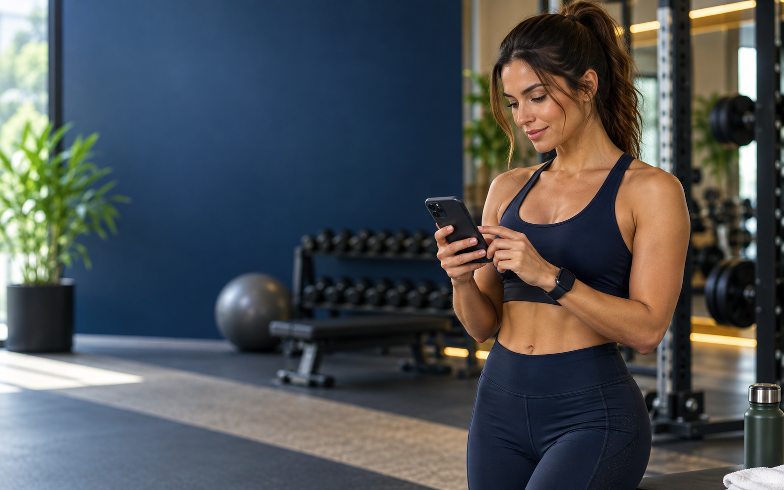 Mulher usando aplicativo de acompanhamento fitness no celular
